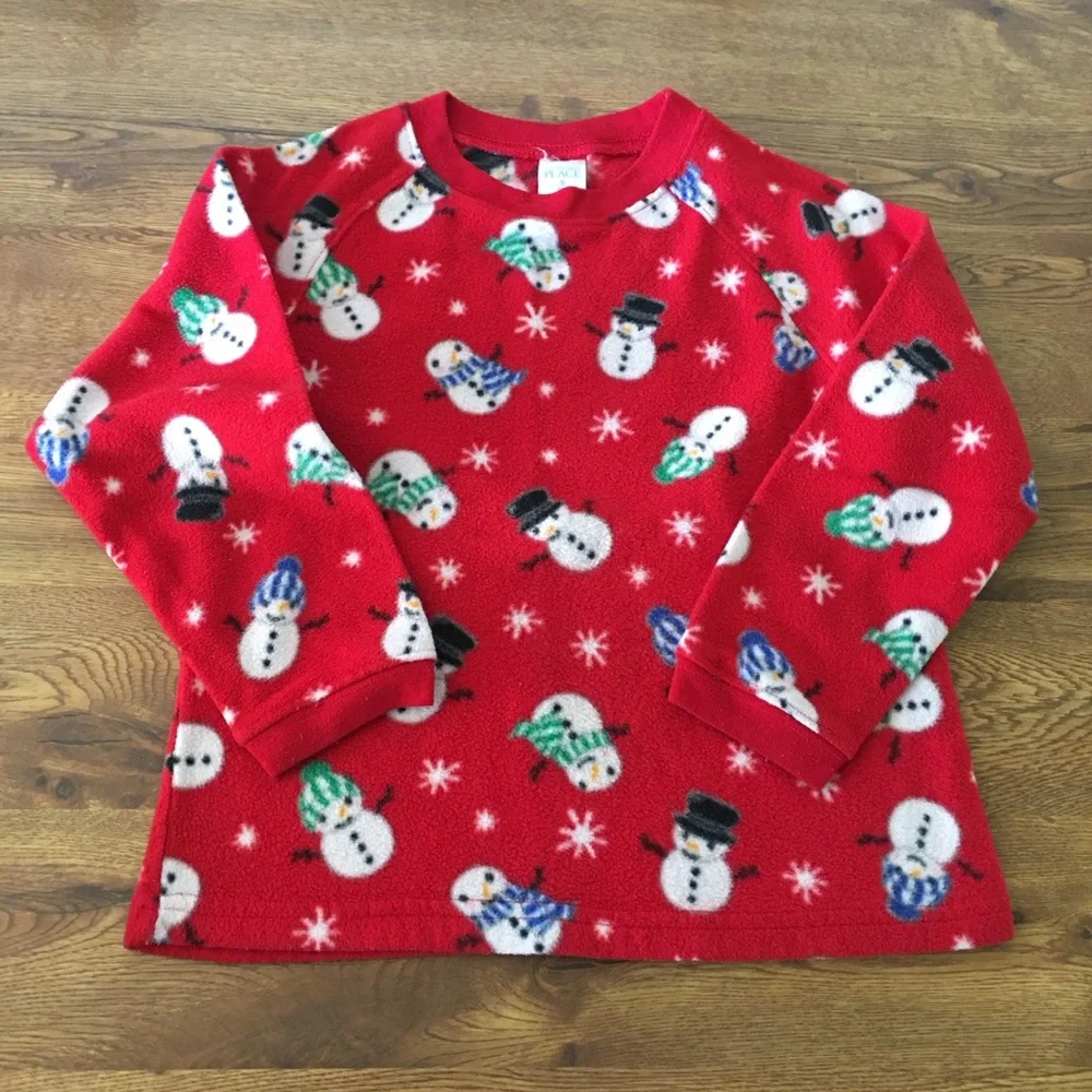 Kids size small red winter pajama set with snowmen
